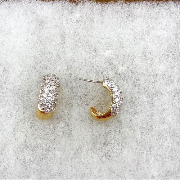 Gold and pavé half hoop post earrings - Picture 1 of 9